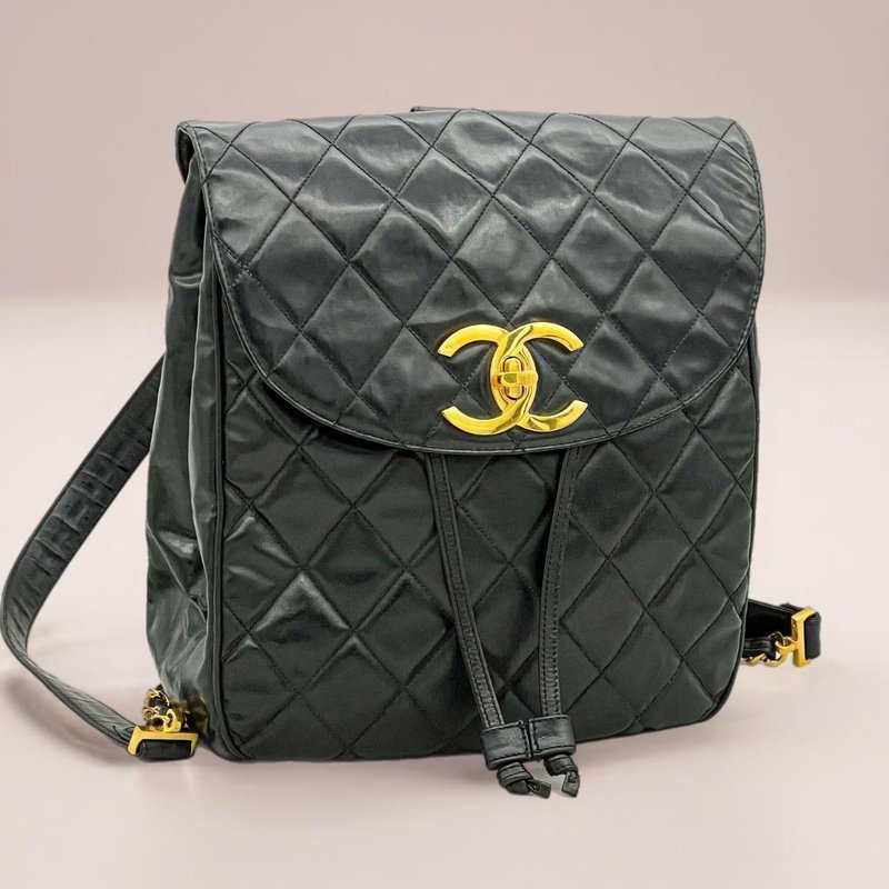 【LA LUNE】Rare second-hand Chanel gold buckle leather chain backpack small backpack handbag - กระเป๋าเป้สะพายหลัง - หนังแท้ สีดำ