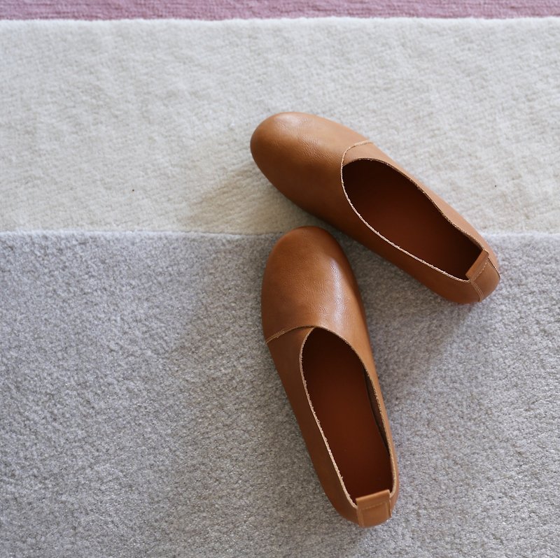Grandma shoes soft top layer cowhide dark camel flat loafers [feedback special offer] - รองเท้าหนังผู้หญิง - หนังแท้ 