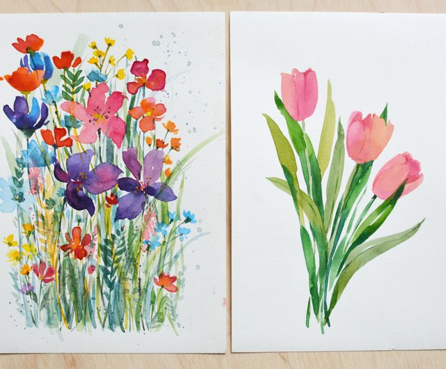 9 幅原創水彩畫現代藝術草地花卉20x15 厘米LaliCharaArt｜壁貼/牆壁