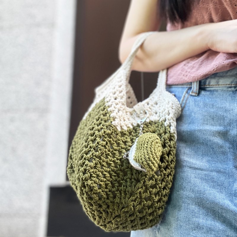 Grid hollow fat woven bag-Matcha milk handbag/shoulder bag/two-part bag/handmade woven bag - กระเป๋าถือ - ผ้าฝ้าย/ผ้าลินิน 