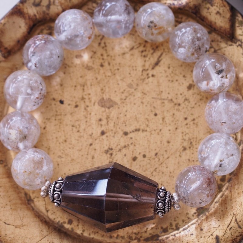 超大顆茶水晶 雪霜髮水晶約13mm 純銀手環 Smokey quartz Quartz - 手鍊/手環 - 水晶 咖啡色