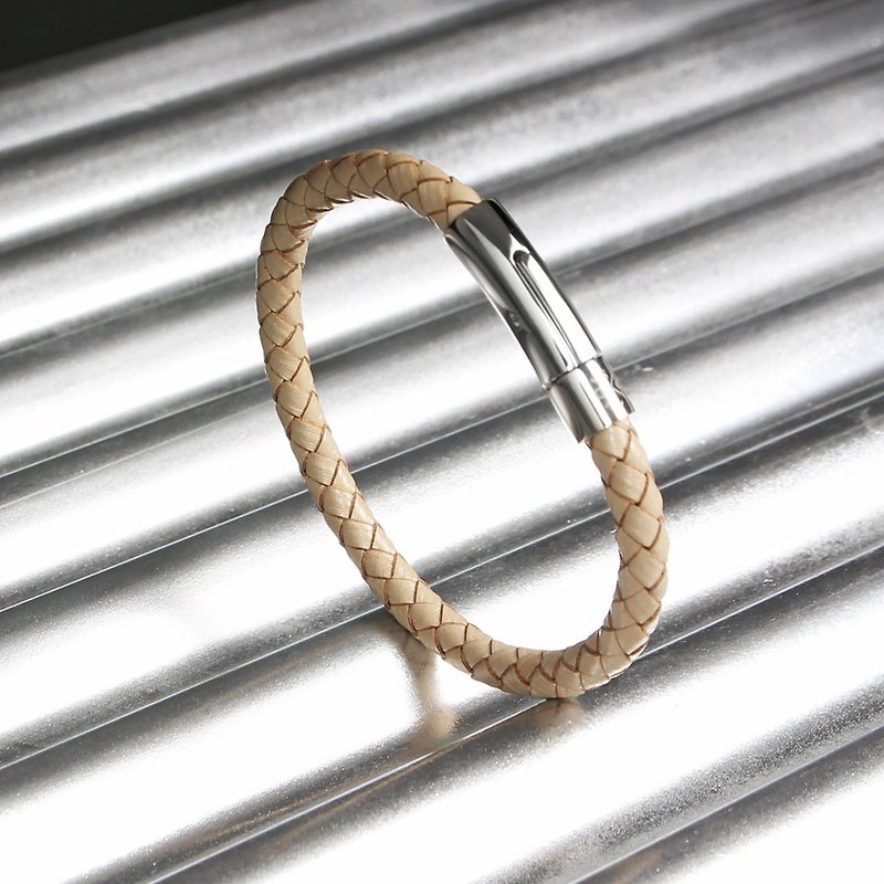 白鋼皮繩編織手環 Stainless Steel Weave Leather Bracelt - 手鍊/手環 - 真皮 