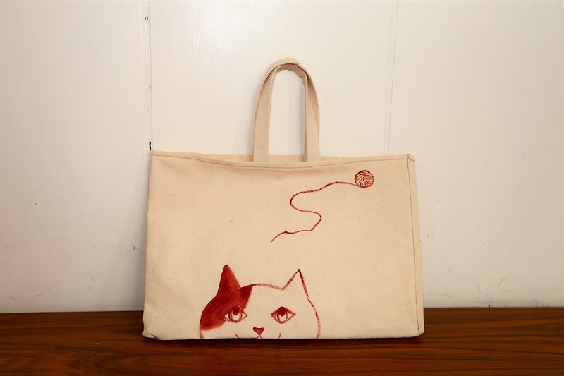(DUO&樂樂聯名限量產品) Curious貓咪 小提袋(限量一件) - 手提包/手提袋 - 棉．麻 白色