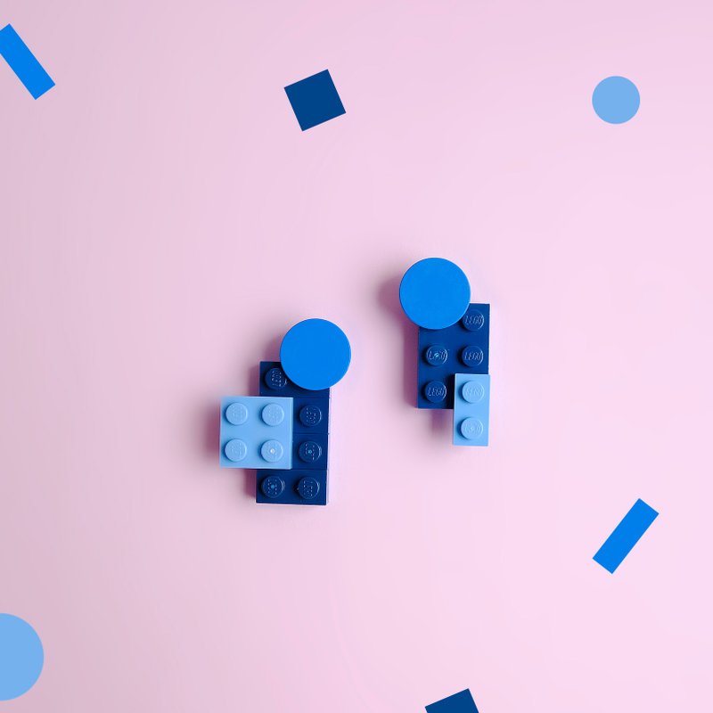 海军藍幾何拼色LEGO純銀耳釘 - 耳環/耳夾/耳骨夾 - 其他材質 藍色