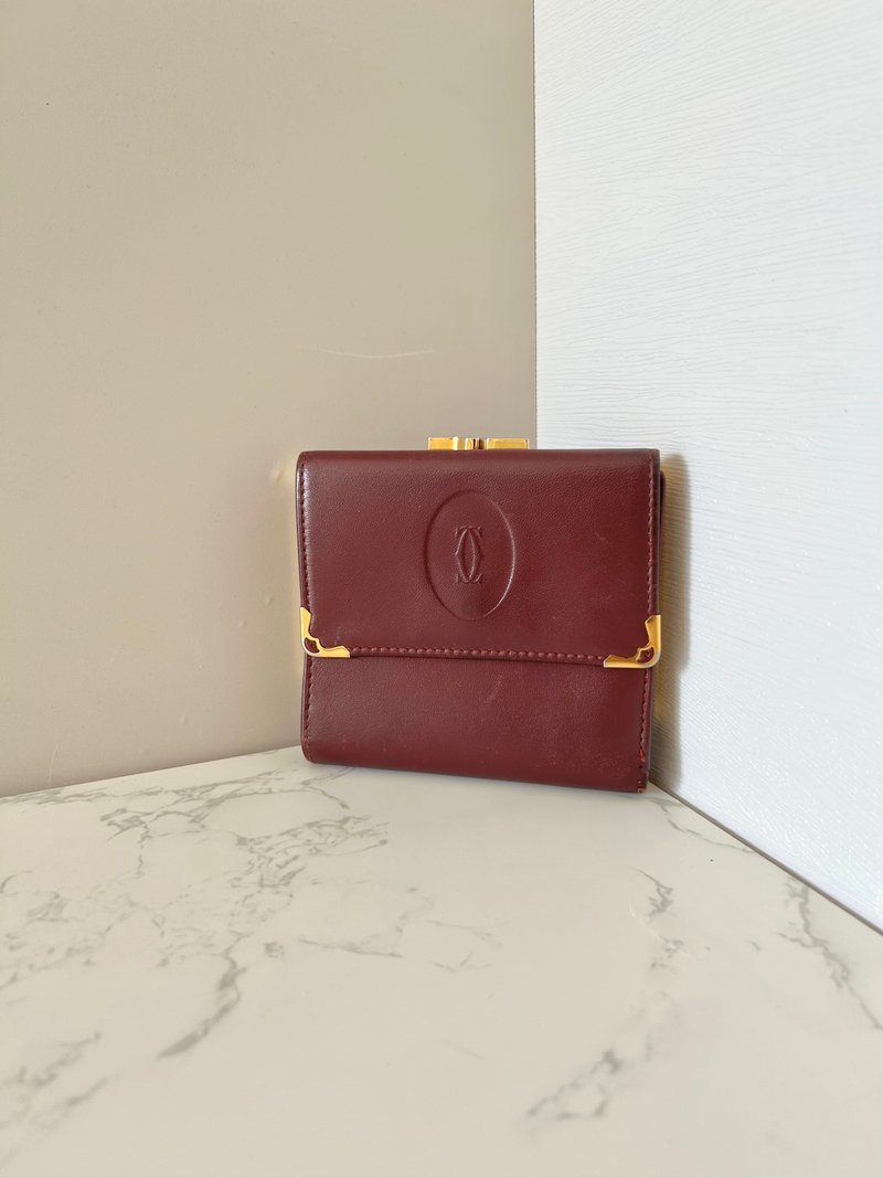 [LA LUNE] Second-hand Cartier burgundy leather gold medium short clip coin small card holder handbag - Wallets - Genuine Leather Red