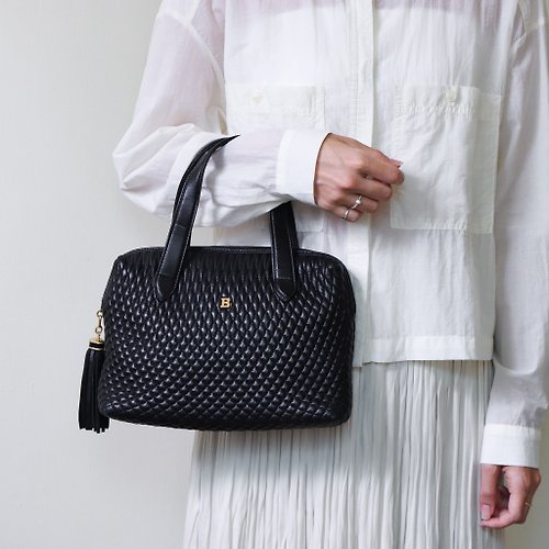 Folklore Vintage Bally 黑色小羊皮絎縫流蘇裝飾迷你手提包