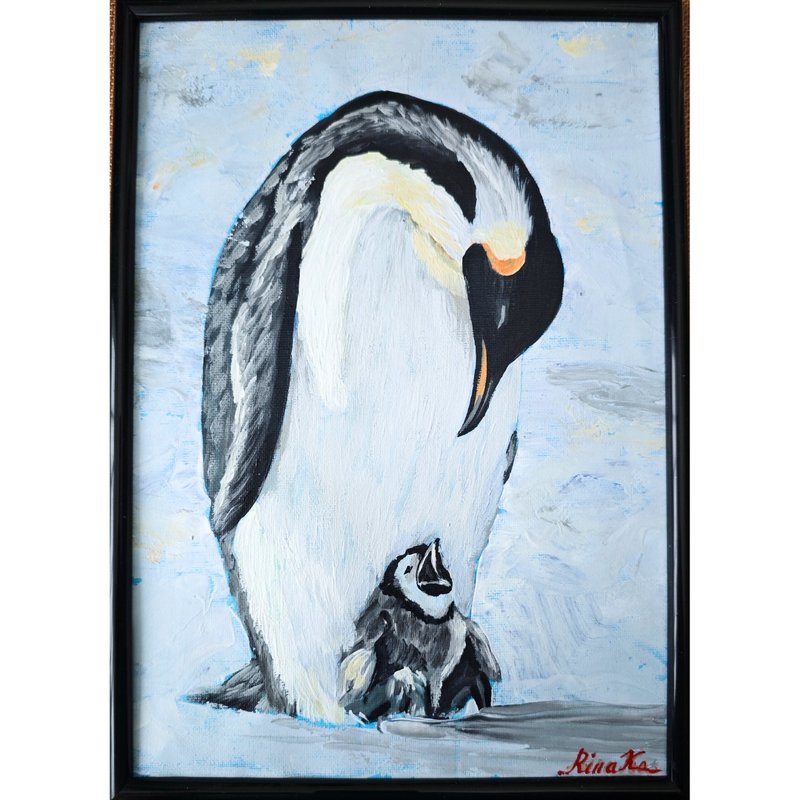 Penguin And Penguin Baby Original Framed Art Bird Painting By RinaArtSK - Wall Décor - Other Materials Multicolor