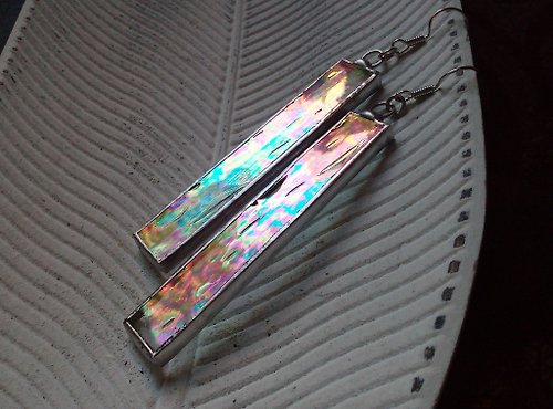 Glass At Home 玻璃耳環 幾何 Iridescent glass mosaic earrings. stained glass cute rectangle earrings.