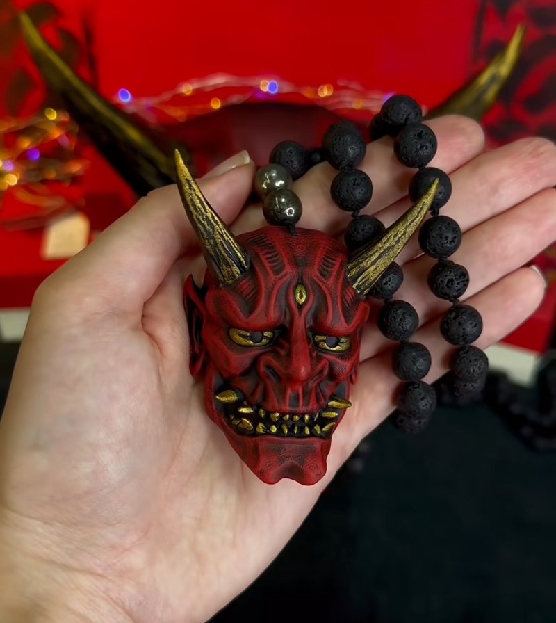 Red Oni mask Necklace, Small Japanese Oni mask with beads - Necklaces - Resin Red