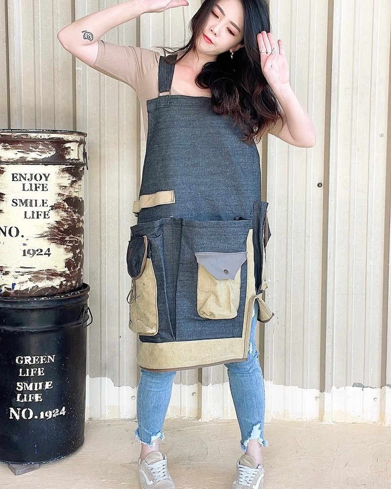 Handcrafted asymmetric slit paneled denim apron - Aprons - Cotton & Hemp 