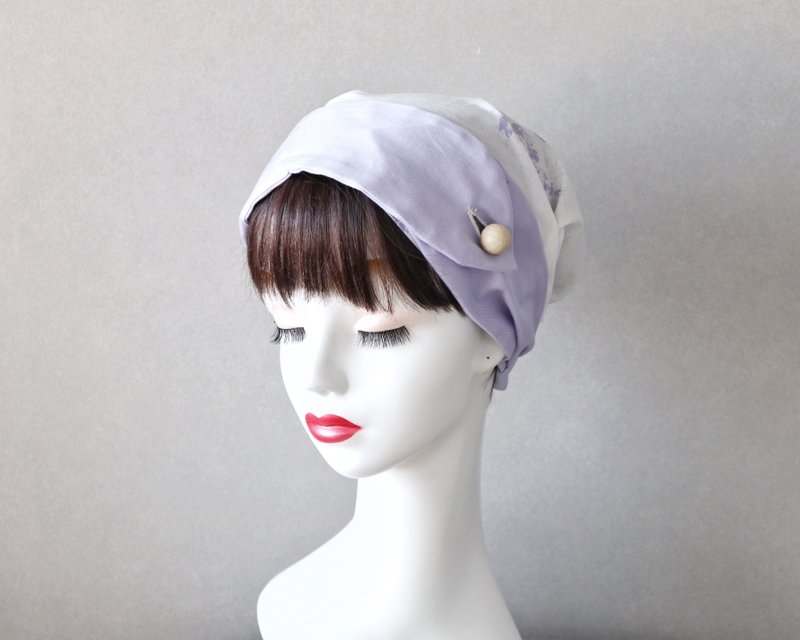ボタン付きサッシュベルト(淡い菫色の花柄)とすみれ色のヘアターバン 医療用帽子/ケア帽子 ケアキャップ - 髮夾/髮圈 - 棉．麻 紫色