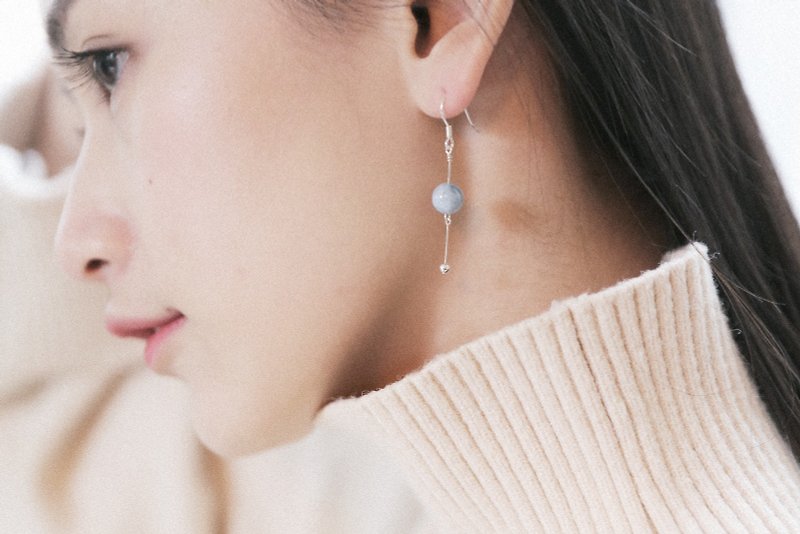 ZHU. Handmade Earrings | Aquamarine Ball (Christmas Gift / Natural Stone / Sterling Silver / Ear Clip) - Earrings & Clip-ons - Gemstone Blue