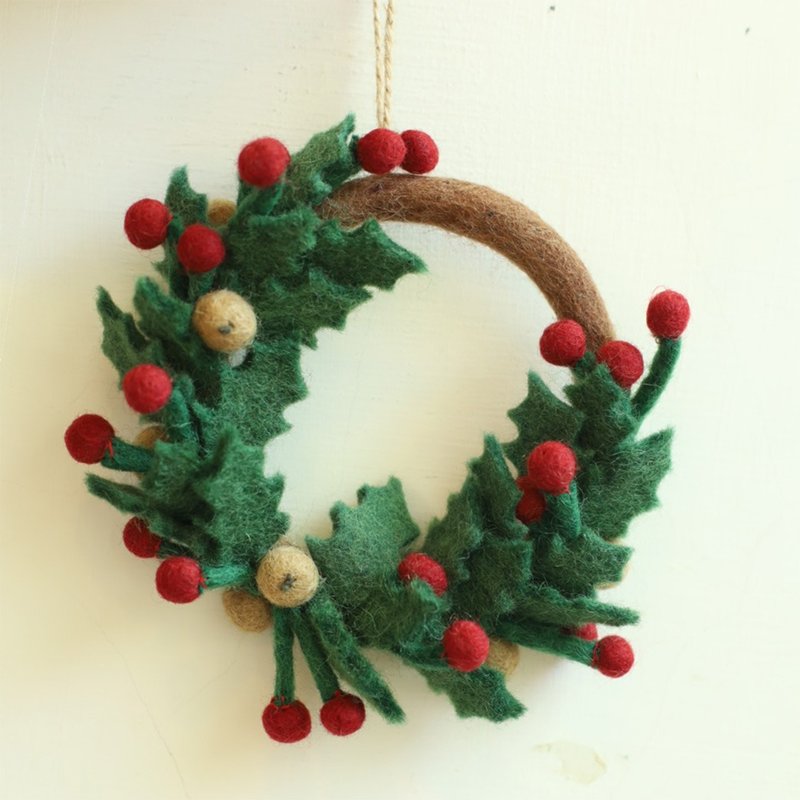 Wool Felt Mini Christmas Wreath Xmas - ของวางตกแต่ง - ขนแกะ สีเขียว