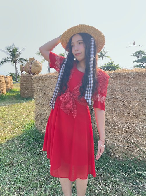老爺夫人 Vintage 紅色綁帶鄉村日本洋裝