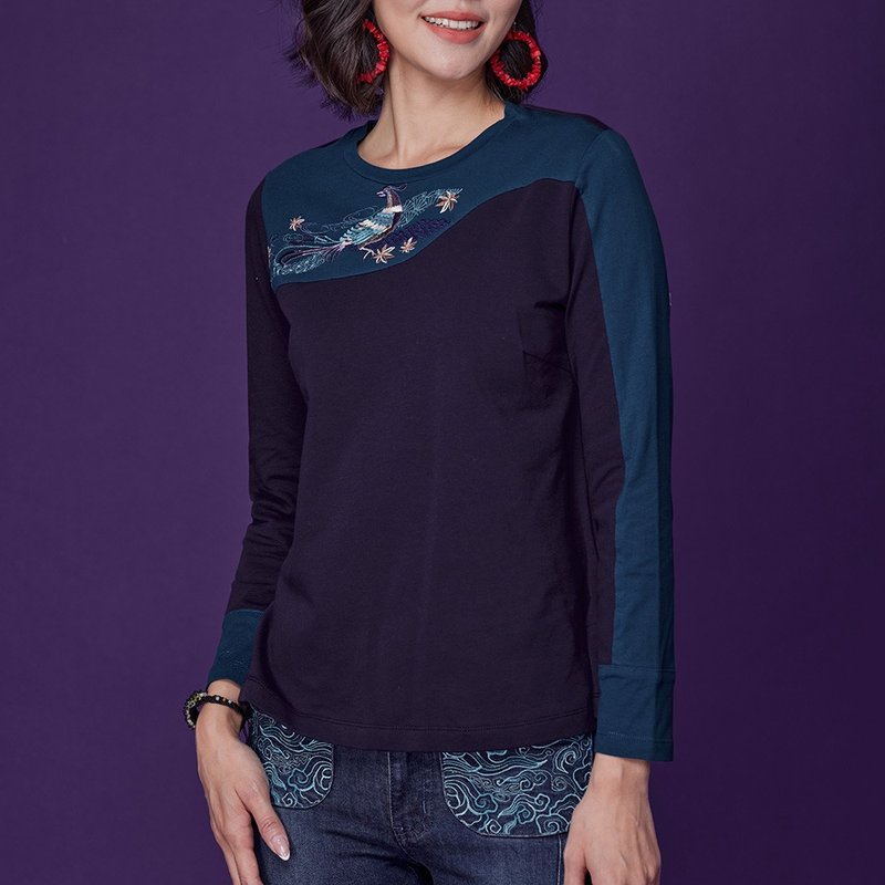 古典美 刺繡配色顯瘦T桖【58004】 - 女 T 恤 - 棉．麻 藍色