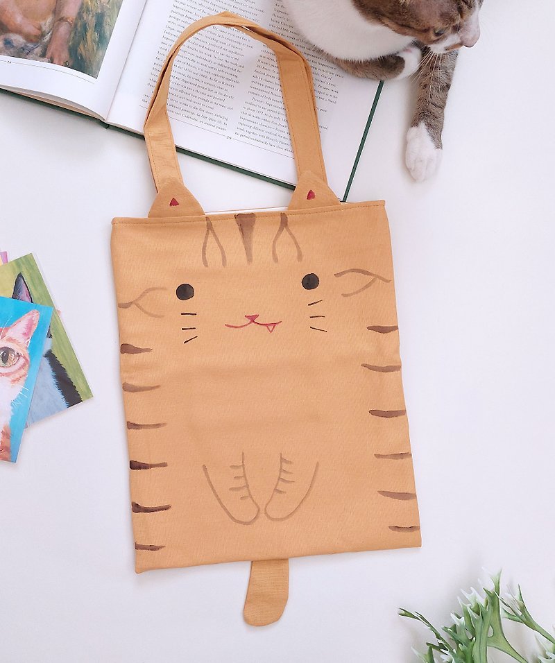 Hand-painted cat A4 tote bag/shoulder bag-orange tabby - กระเป๋าถือ - ผ้าฝ้าย/ผ้าลินิน สีส้ม