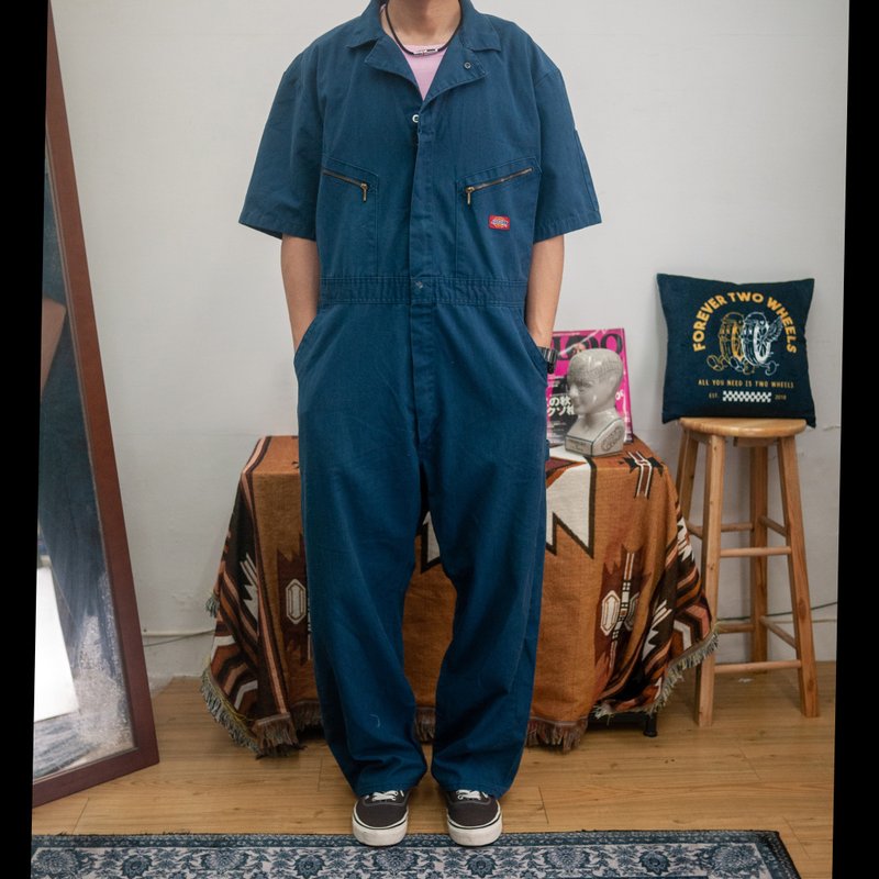 DICKIES 水洗藍色 48 短袖 厚磅 連身工作服 COVERALLS 古著 二手 - 男長褲/休閒褲 - 棉．麻 藍色
