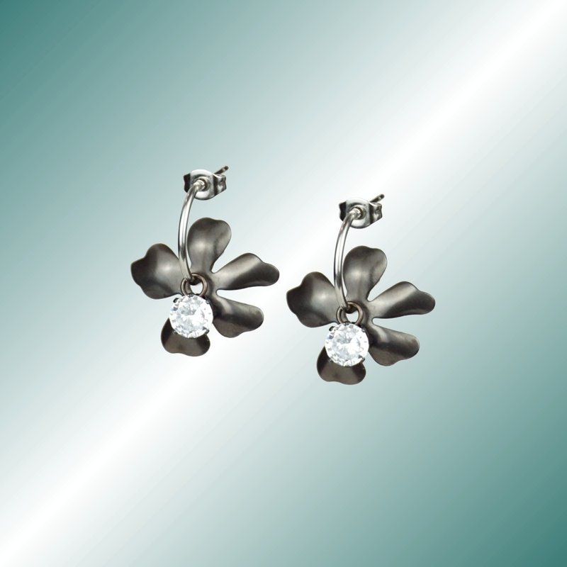 GUNMETAL Gunmetal Series Old Bronze Flower-Shaped Stone Drop Earrings - ต่างหู - สแตนเลส สีดำ