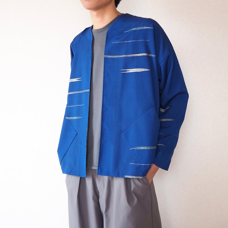 【日本製】メンズScampiジャケット  ロイヤルブルー　弓矢柄　銀糸　着物ジャケット　エシカルファッション　一点もの - アウター メンズ - シルク・絹 ブルー