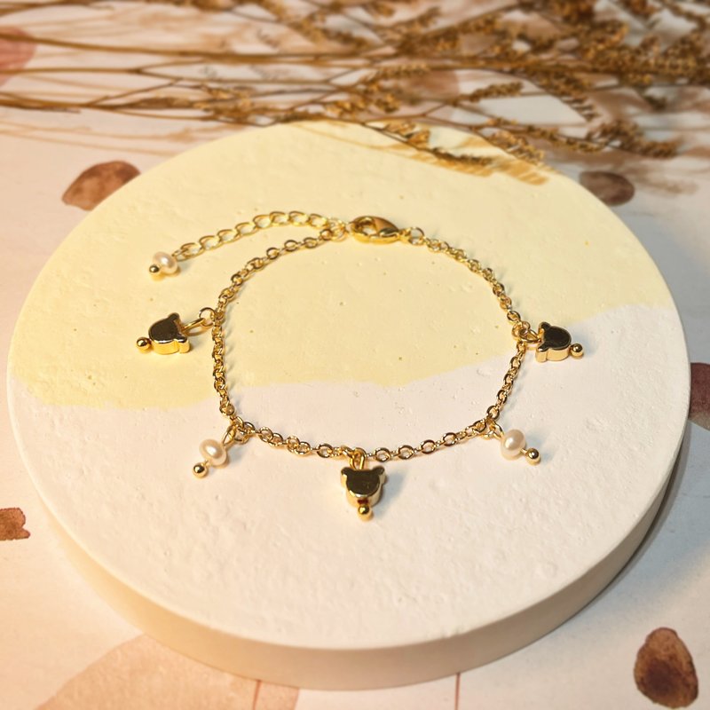 Bear Pearl Pendant Bracelet - สร้อยข้อมือ - โลหะ สีทอง