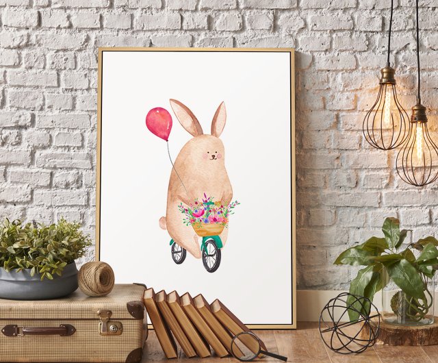 退屈とうさぎの孤独　 限定20部　絵画　版画　リビング　室内　インテリア　部屋 自転車に乗る小さなウサギ - 面白いウサギのイラスト/シンプルな