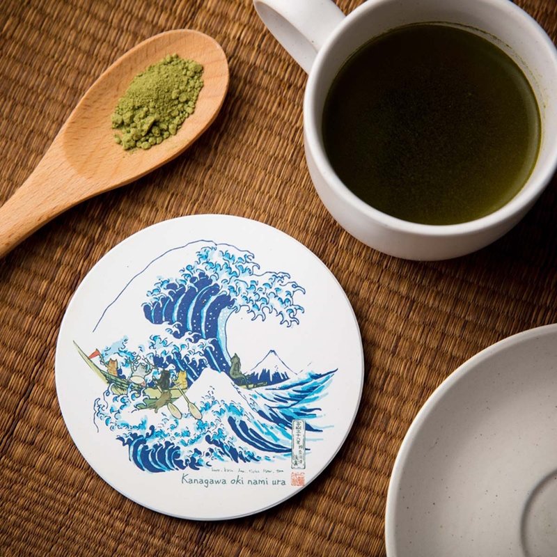 Cat’s Ukiyoe-Cat Ceramic Water Coaster from The Great Wave off Kanagawa - Coasters - Pottery White