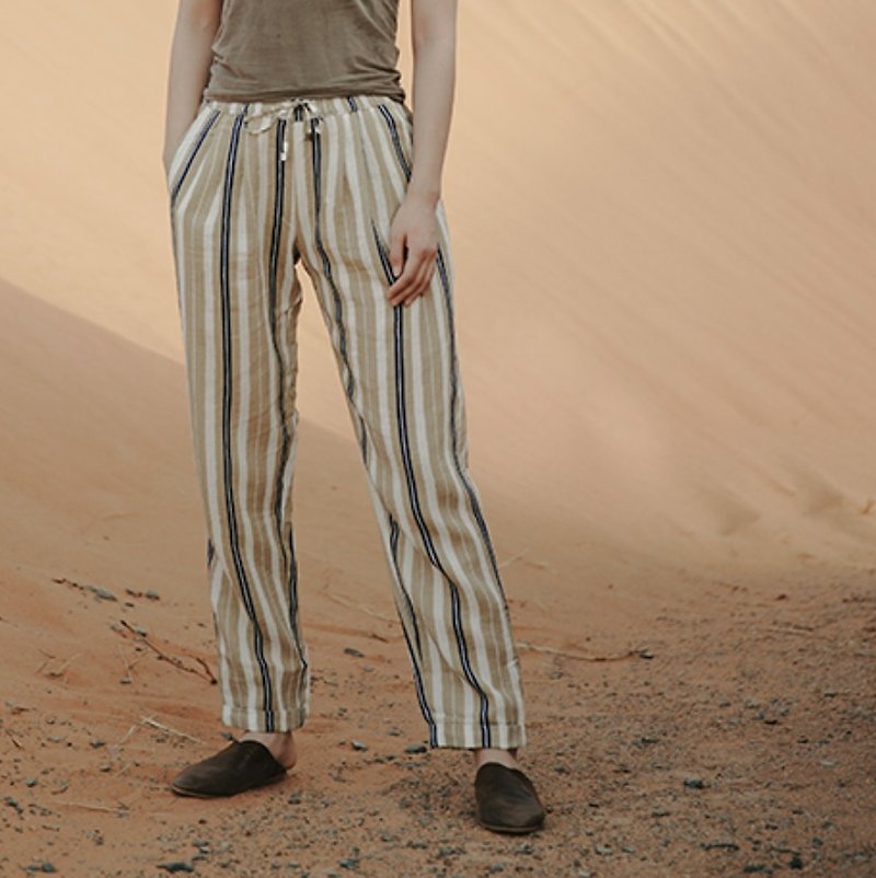 Tell true what is this color! Free! Limited edition fake wind stripes elastic waist lunches summer leisure handsome trousers men and women neutral couple models Morocco return | vitatha fan tower original design independent women's brand - กางเกงขายาว - ผ้าฝ้าย/ผ้าลินิน หลากหลายสี