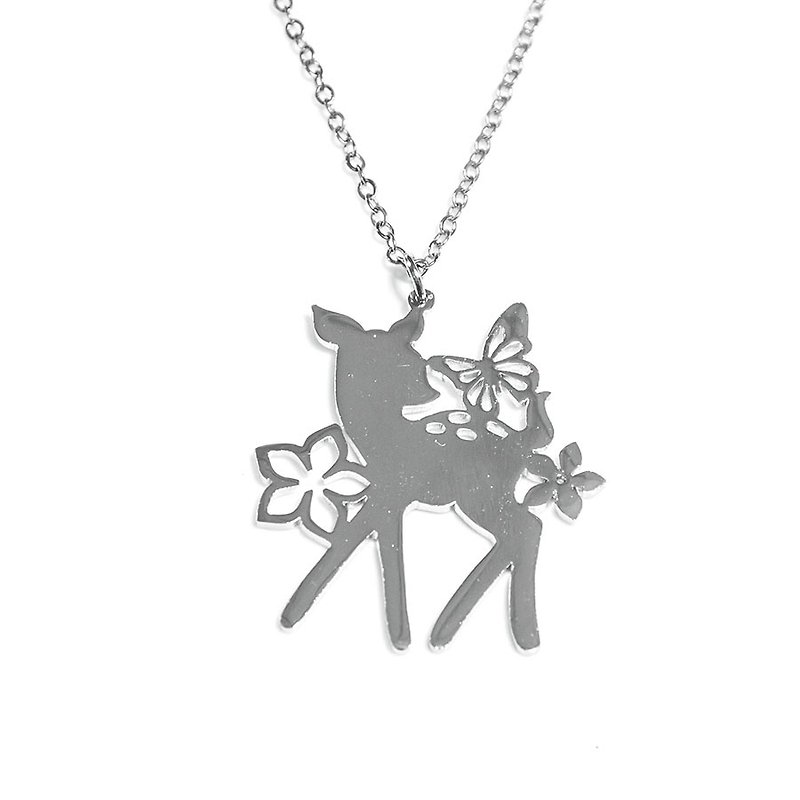 Cute bambi with flower and butterfly pendant - Necklaces - Other Metals Silver