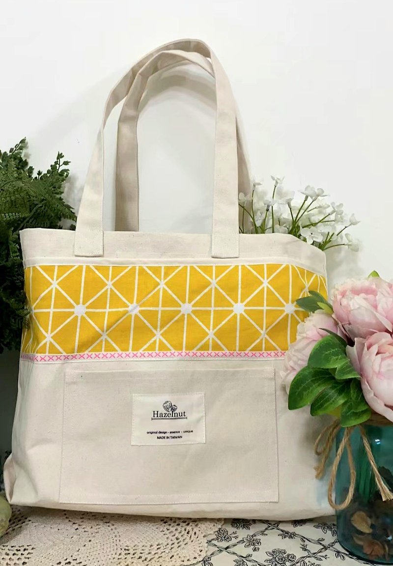 Nordic style yellow geometric pattern handbag shoulder bag cotton canvas handmade side backpack - Messenger Bags & Sling Bags - Cotton & Hemp White