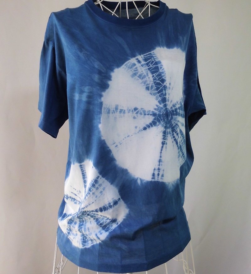 Indigo dyeing, T-shirt_3, tie dyeing, Supima cotton, L, unisex - เสื้อยืดผู้หญิง - ผ้าฝ้าย/ผ้าลินิน สีน้ำเงิน