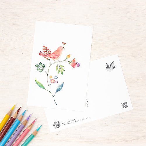 Atelier RiLi 5枚セット。絵本のような。ポストカード "桃色の小鳥と草花" PC-111