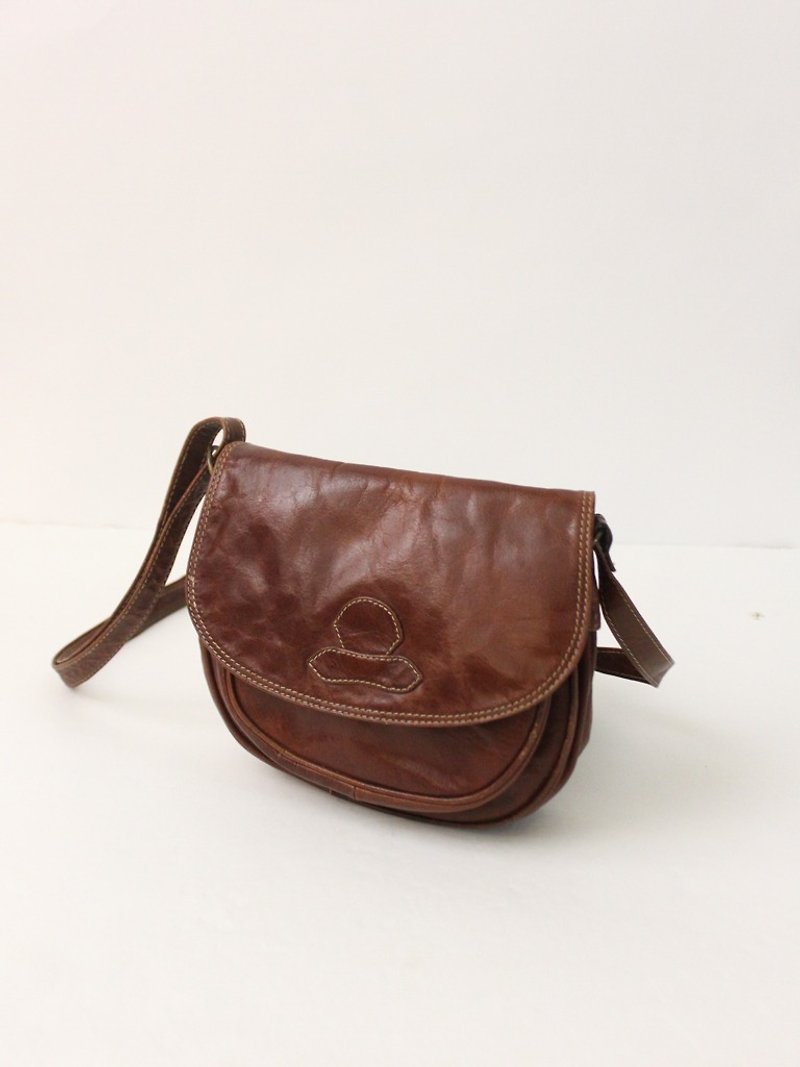 Vintage European 80s multi-layered leather brown out side back antique bag European Vintage Bag - กระเป๋าแมสเซนเจอร์ - หนังแท้ สีนำ้ตาล