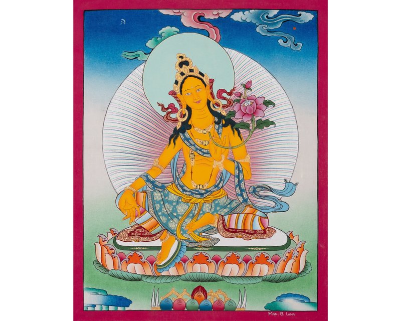 Radiant Illumination: Yellow Tara Thangka Painting - Awaken Divine Enlightenment - Wall Décor - Other Materials Multicolor