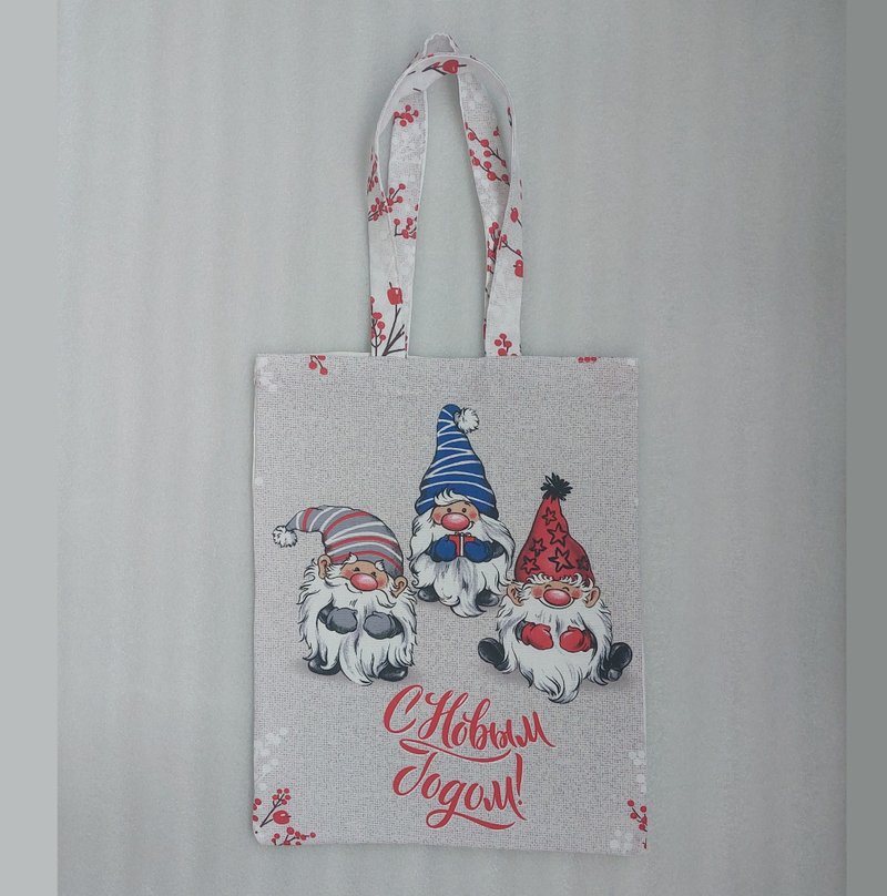 Reusable bags, eco friendly, beautiful soft linen bag, Christmas dwarves - กระเป๋าถือ - ผ้าฝ้าย/ผ้าลินิน ขาว