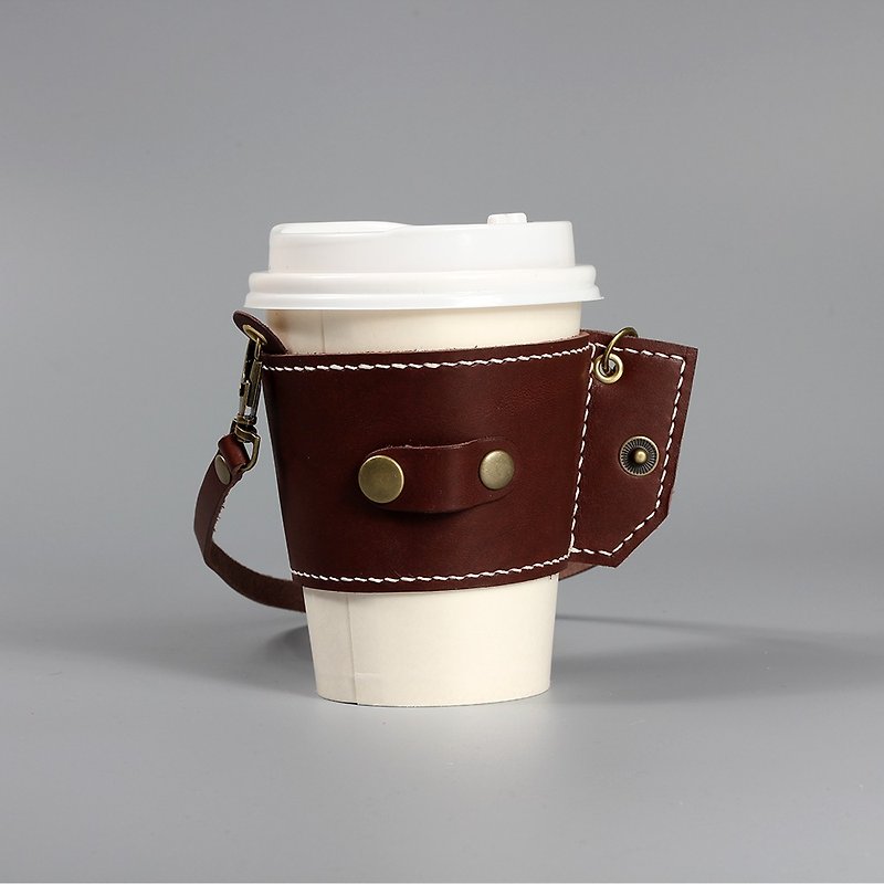 Roll leather beverage bag, vegetable tanned cup holder, environmental protection beverage bag, hand-sewn, easy to store original-coffee - ถุงใส่กระติกนำ้ - หนังแท้ สีนำ้ตาล