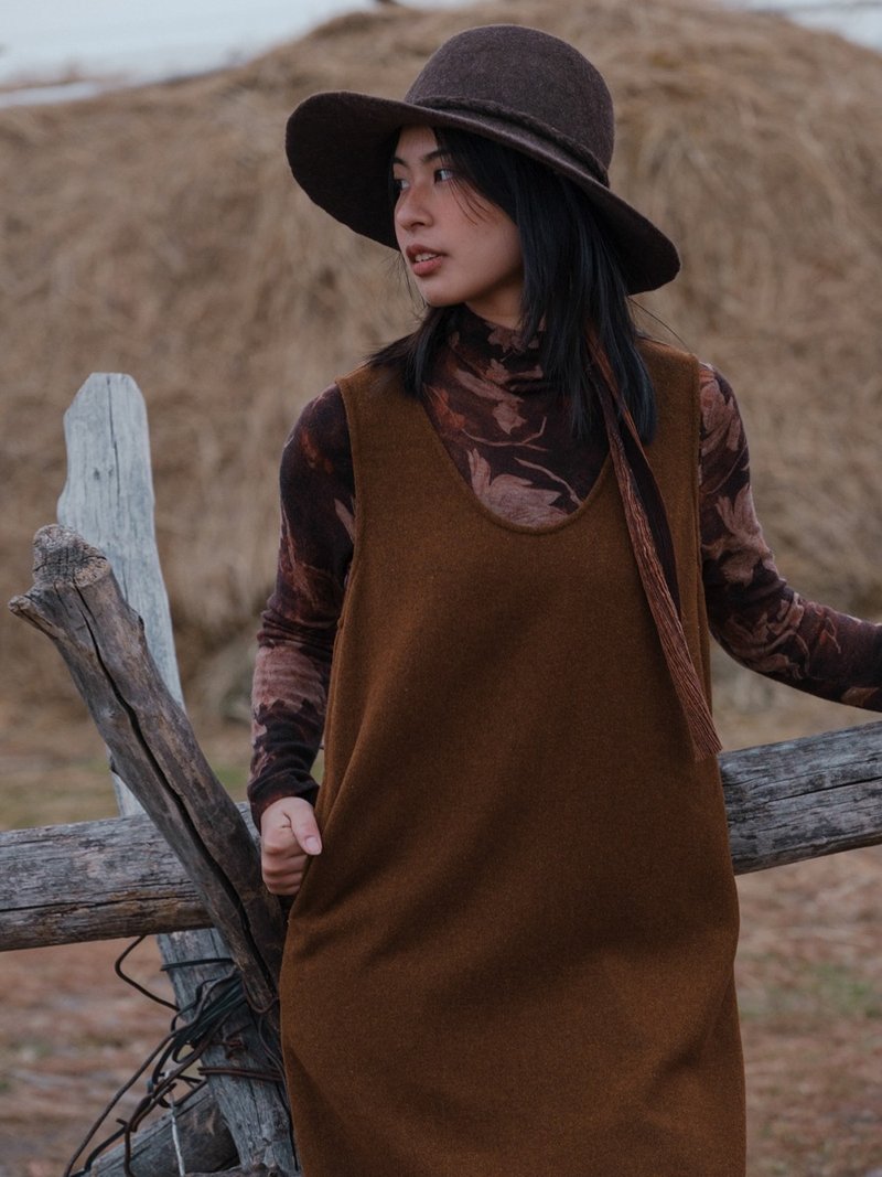 Brown Retro French Dress Wool Vest Dress Vest Dress - One Piece Dresses - Wool Brown