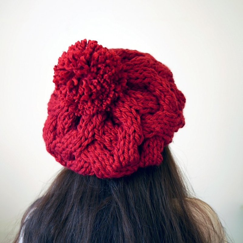 粗針麻花可拆毛球針織毛線貝蕾帽-經典紅 - 帽子 - 羊毛 紅色