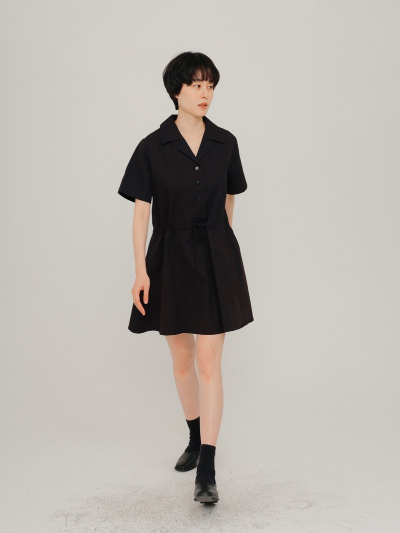 Black Single Breasted Drawstring Waist Cotton Dress Short Sleeve Dress - One Piece Dresses - Cotton & Hemp Black