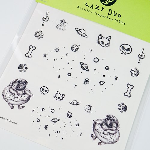 ╰ LAZY DUO TATTOO ╮ 手繪簡約玩味刺青紋身貼紙外星人星球宇宙小狗八哥犬巴哥犬花貓咪