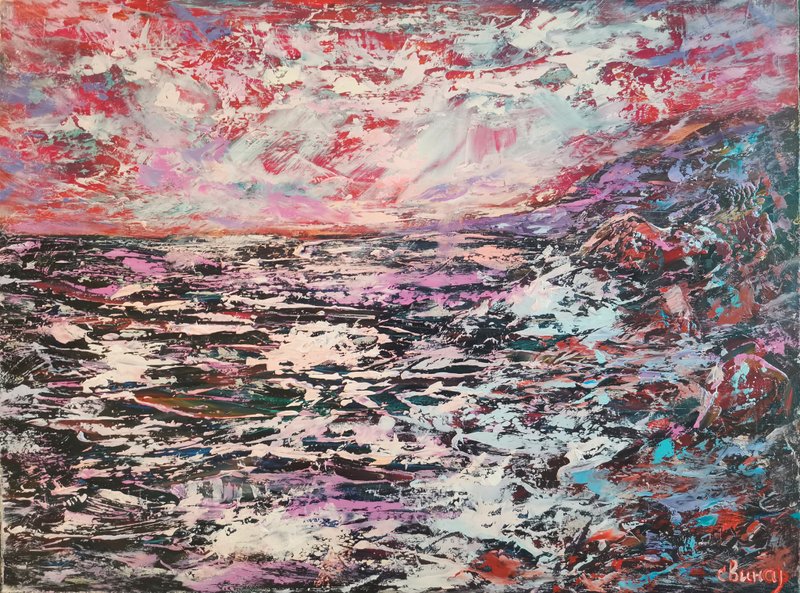 Oil Painting Rays Sun Sea Beautiful Sunset Original Art Artist Svinar Oksana - 其他 - 其他材質 多色