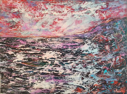 Original oil painting artist Svinar Oksana Oil Painting Rays Sun Sea Beautiful Sunset Original Art Artist Svinar Oksana