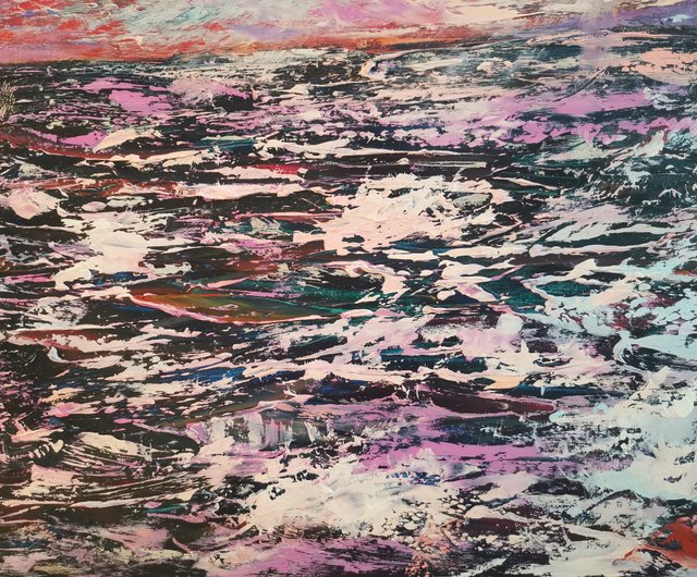 油絵光線太陽海美しい夕日オリジナルアートアーティスト