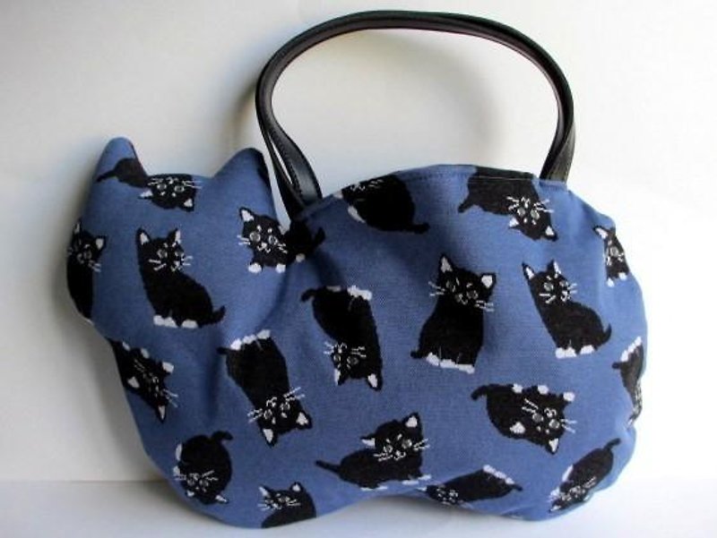 Black cat cat bag blue - กระเป๋าถือ - ผ้าฝ้าย/ผ้าลินิน สีน้ำเงิน