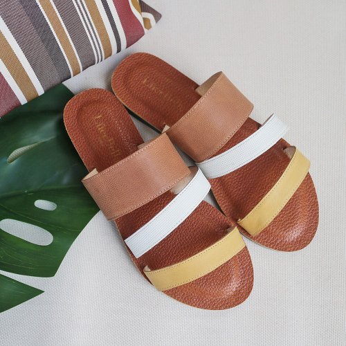 LuceBella 臺灣製真皮手工鞋 手工真皮【涼夏霜淇淋】三色羊皮涼拖鞋-黃白棕