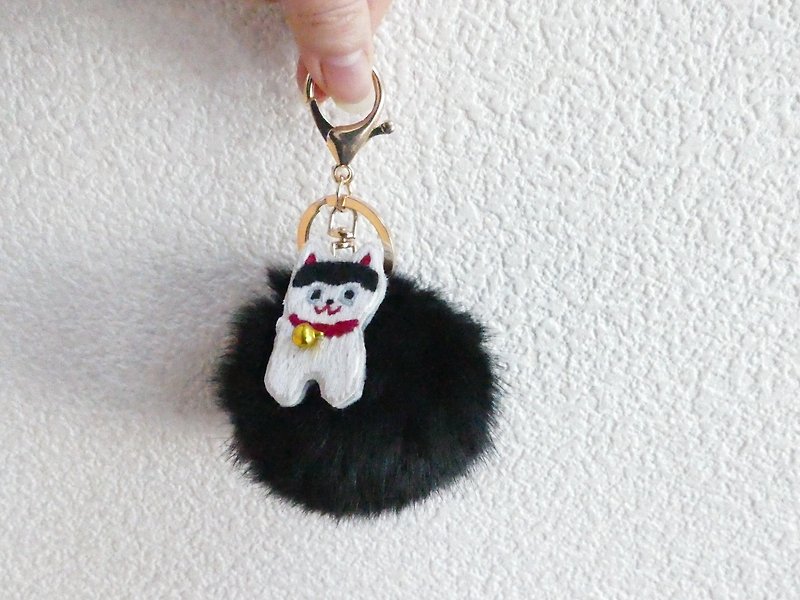 Fur Ponpon Bag Charm Embroidery Doggyuko - Keychains - Cotton & Hemp Black