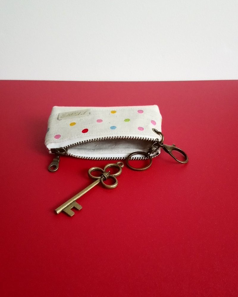 [KTG/Triangular Brick Key Bag (Small)] Colorful Water Jade Dots Japanese No. 11 Canvas - Keychains - Cotton & Hemp Red