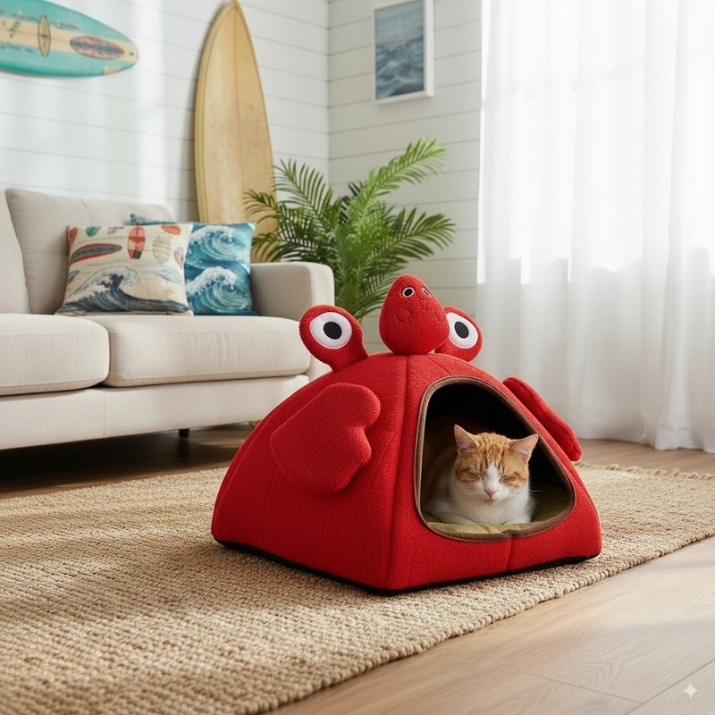 Animal Igloo Toy Set - Delicious Crab Cat Bed, Pet Enclosed Space, Pet Bed - ที่นอนสัตว์ - ไฟเบอร์อื่นๆ สีแดง