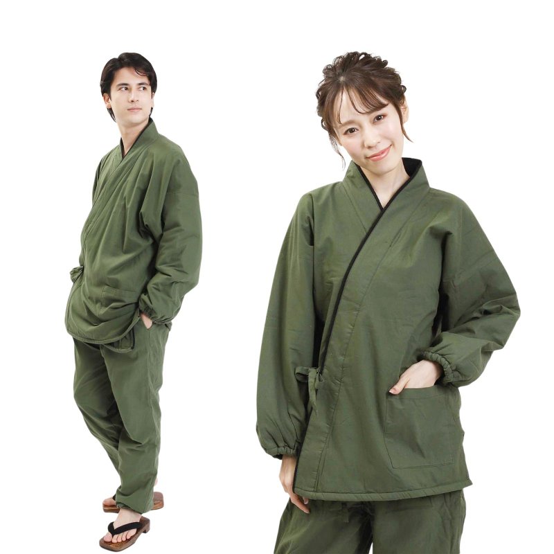 作務衣 男女兼用 日本 和服 鋪棉 保暖 套裝 Samue S M L LL 綠 - 其他 - 棉．麻 綠色