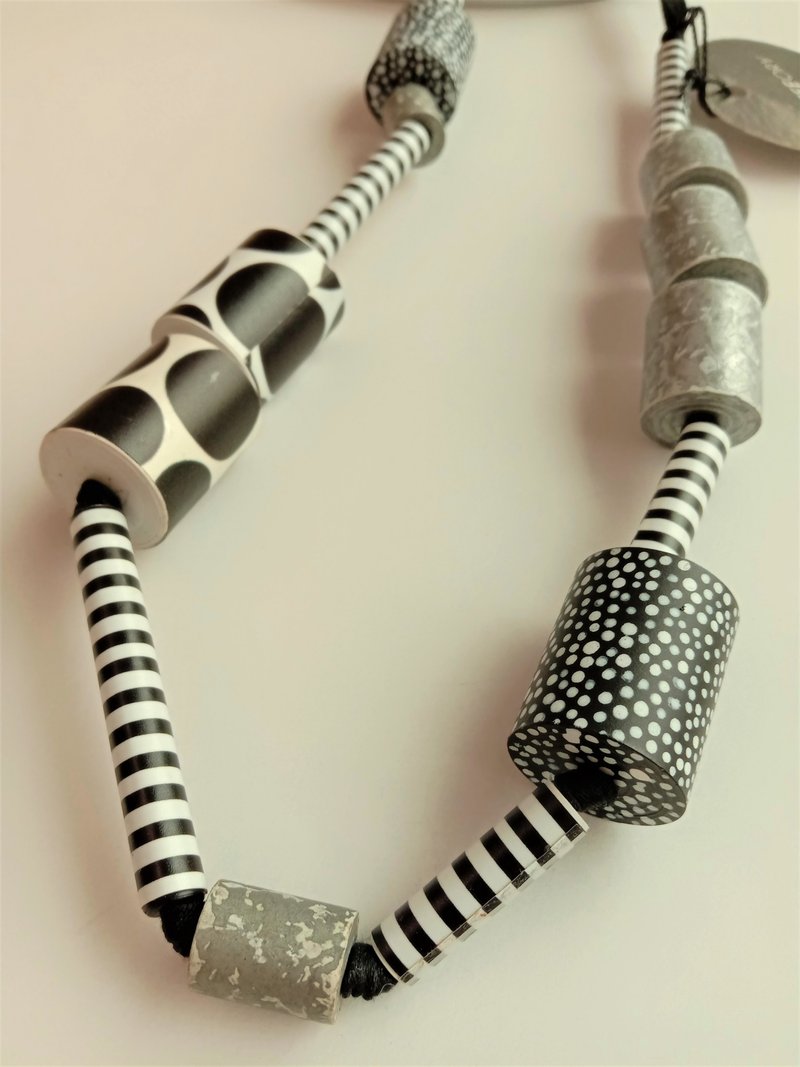 Paper art necklace_Classic black and white SCHELETRO long beaded chain - Necklaces - Paper Gray