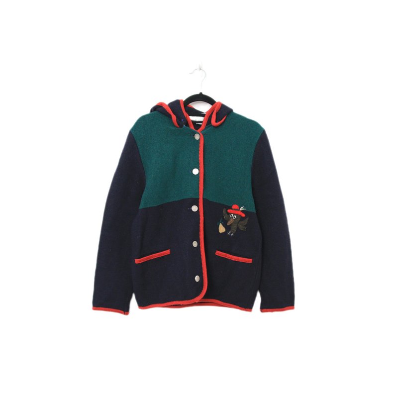 Back to Green-毛料開襟外套 撞色拼接紅帽小鳥 連帽W-08/vintage - 女毛衣/針織衫 - 聚酯纖維 